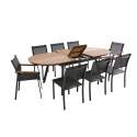 Mesa de jardín extensible rectangular en polimadera 180/220 cm con 6 sillas y 2 sillas con reposabrazos