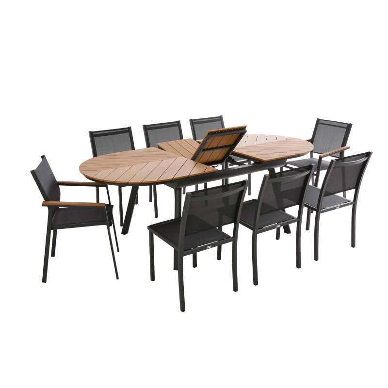 Mesa de jardín extensible rectangular en polimadera 180/220 cm con 6 sillas y 2 sillas con reposabrazos