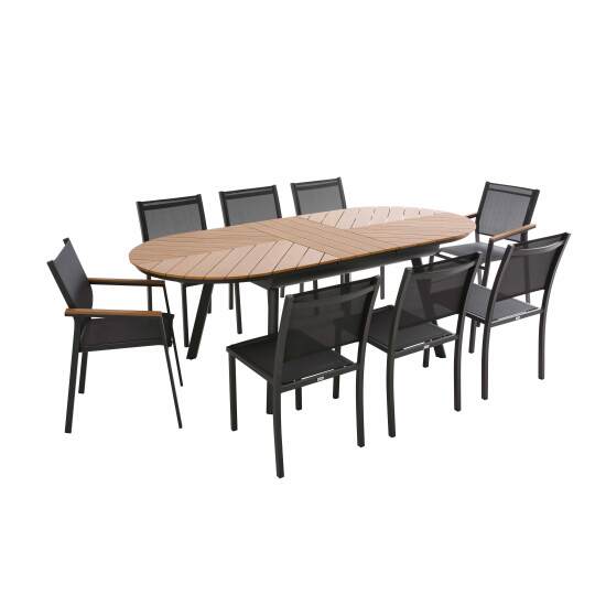 Mesa de jardín extensible rectangular en polimadera 180/220 cm con 6 sillas y 2 sillas con reposabrazos
