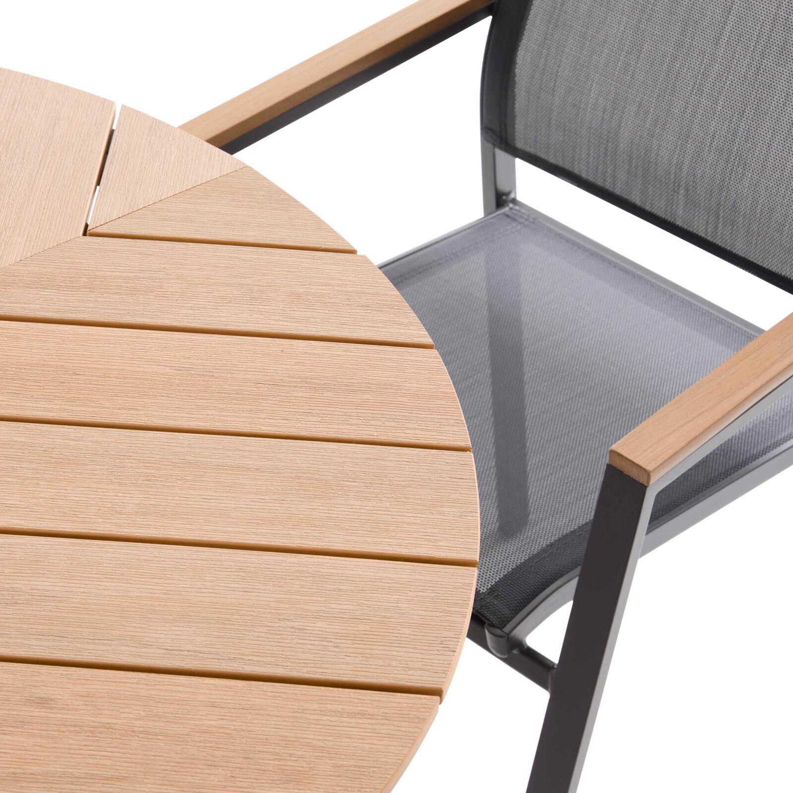 Mesa de jardín extensible rectangular en polimadera 180/220 cm con 6 sillas y 2 sillas con reposabrazos