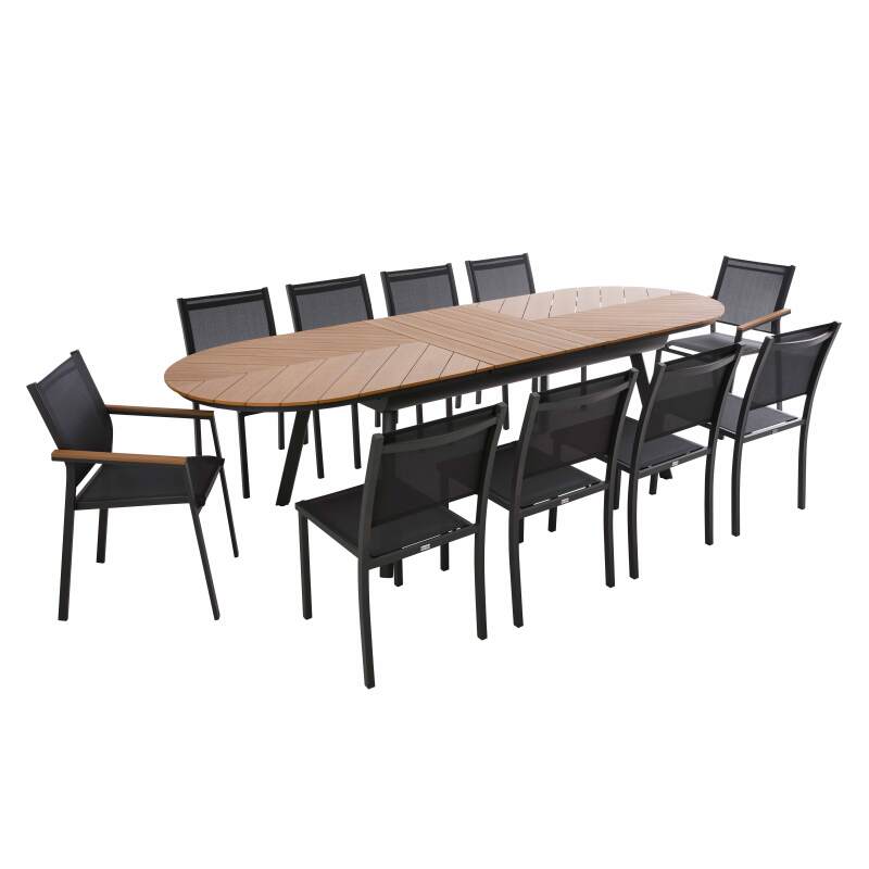 Mesa de jardín extensible rectangular en polimadera 220/280 cm con 8 sillas y 2 sillas con reposabrazos