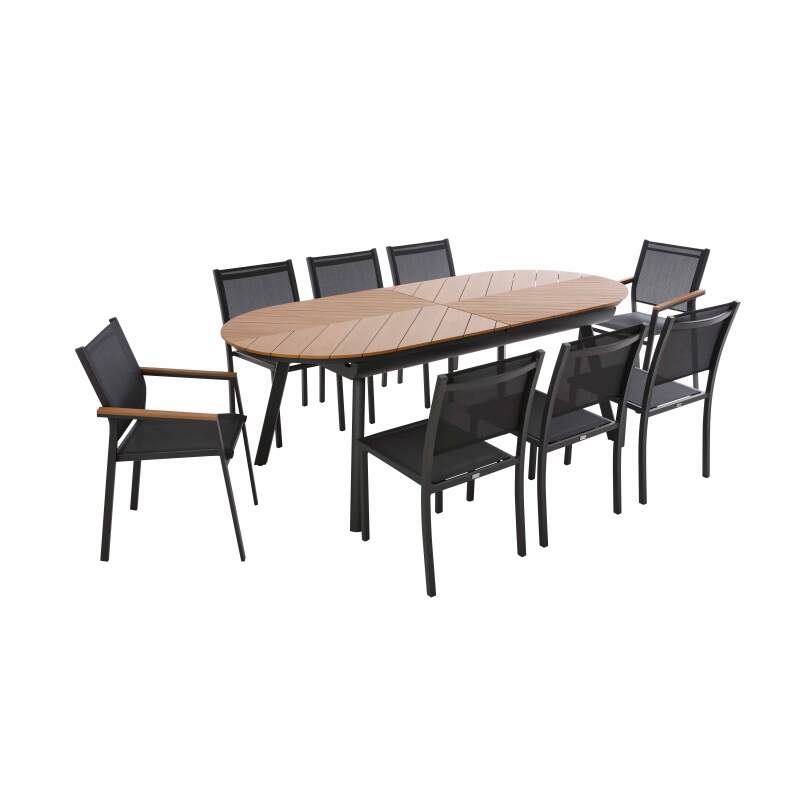 Mesa de jardín extensible rectangular en polimadera 220/280 cm con 8 sillas y 2 sillas con reposabrazos