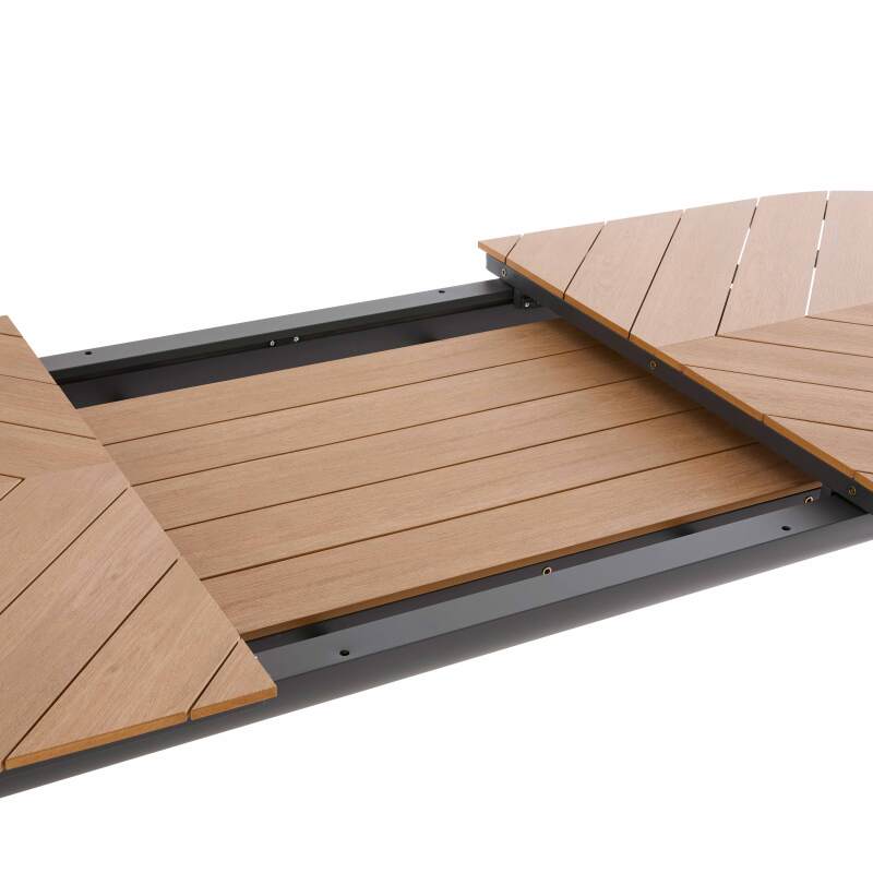 Mesa de jardín extensible rectangular en polimadera 220/280 cm con 8 sillas y 2 sillas con reposabrazos