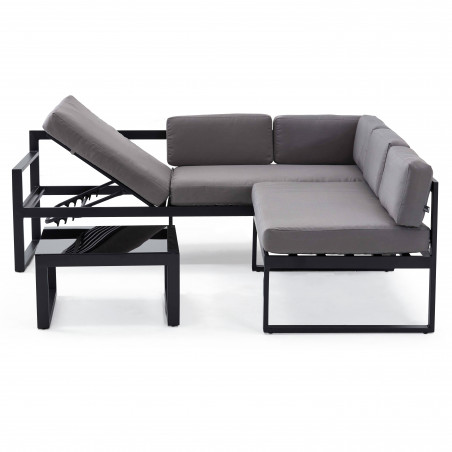 Conjunto de jardín bajo rinconero 5 plazas compuesto de un sofá con respaldo reclinable y de una mesa de centro