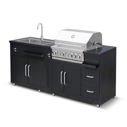 Cocina de exterior de metal con fregadero de exterior y barbacoa - 2 módulos | Oviala