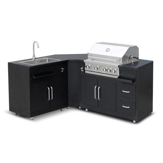 Cocina de exterior de metal de esquina con fregadero de exterior, barbacoa y almacenaje - 3 módulos | Oviala