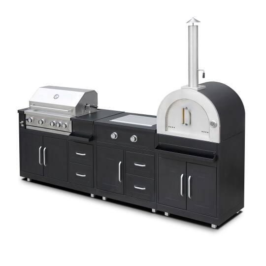 Cocina de exterior de metal con horno a pizza, cocina a gas, barbacoa y almacenaje - 3 módulos | Oviala