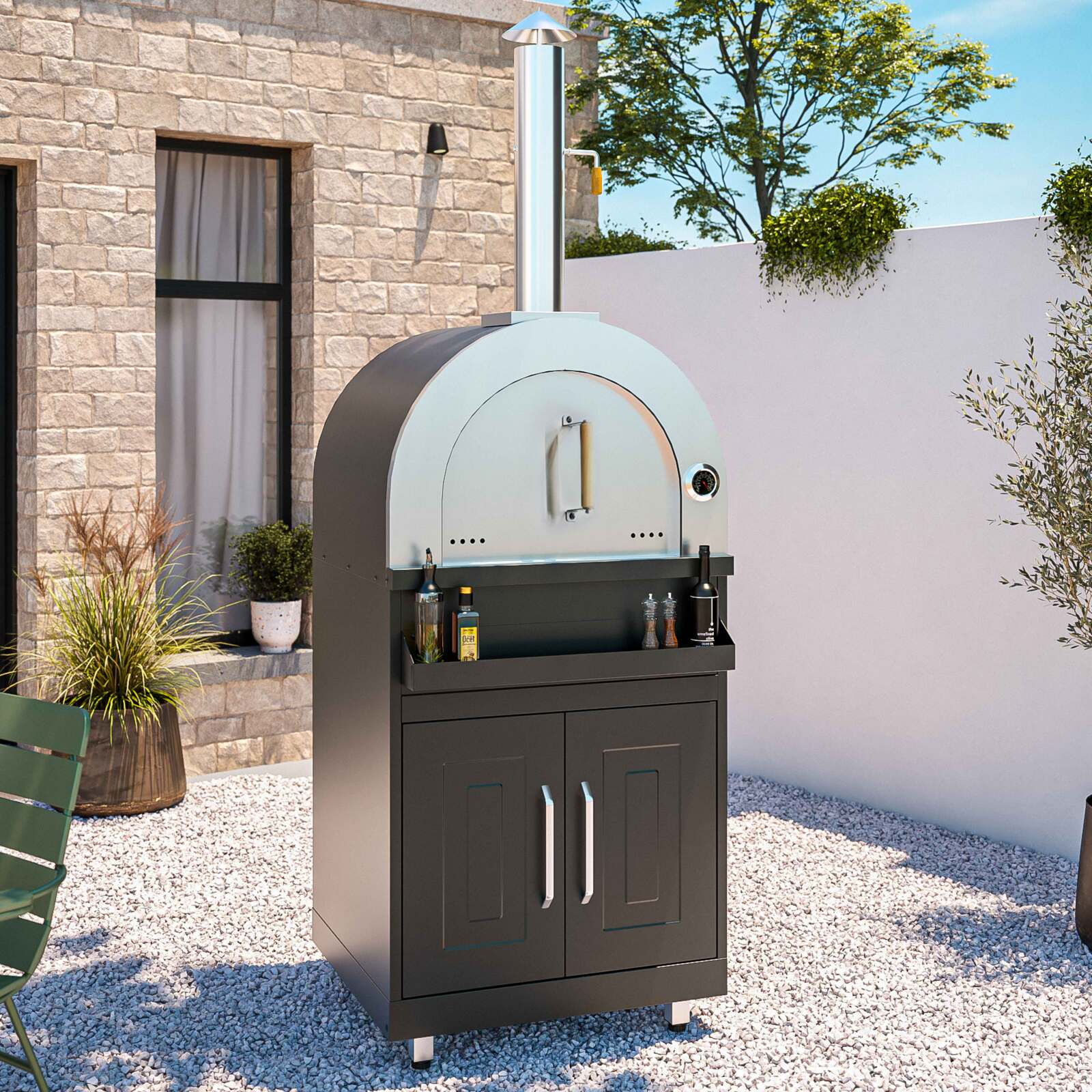 Cocina de exterior de acero de 4 elementos con horno para pizzas