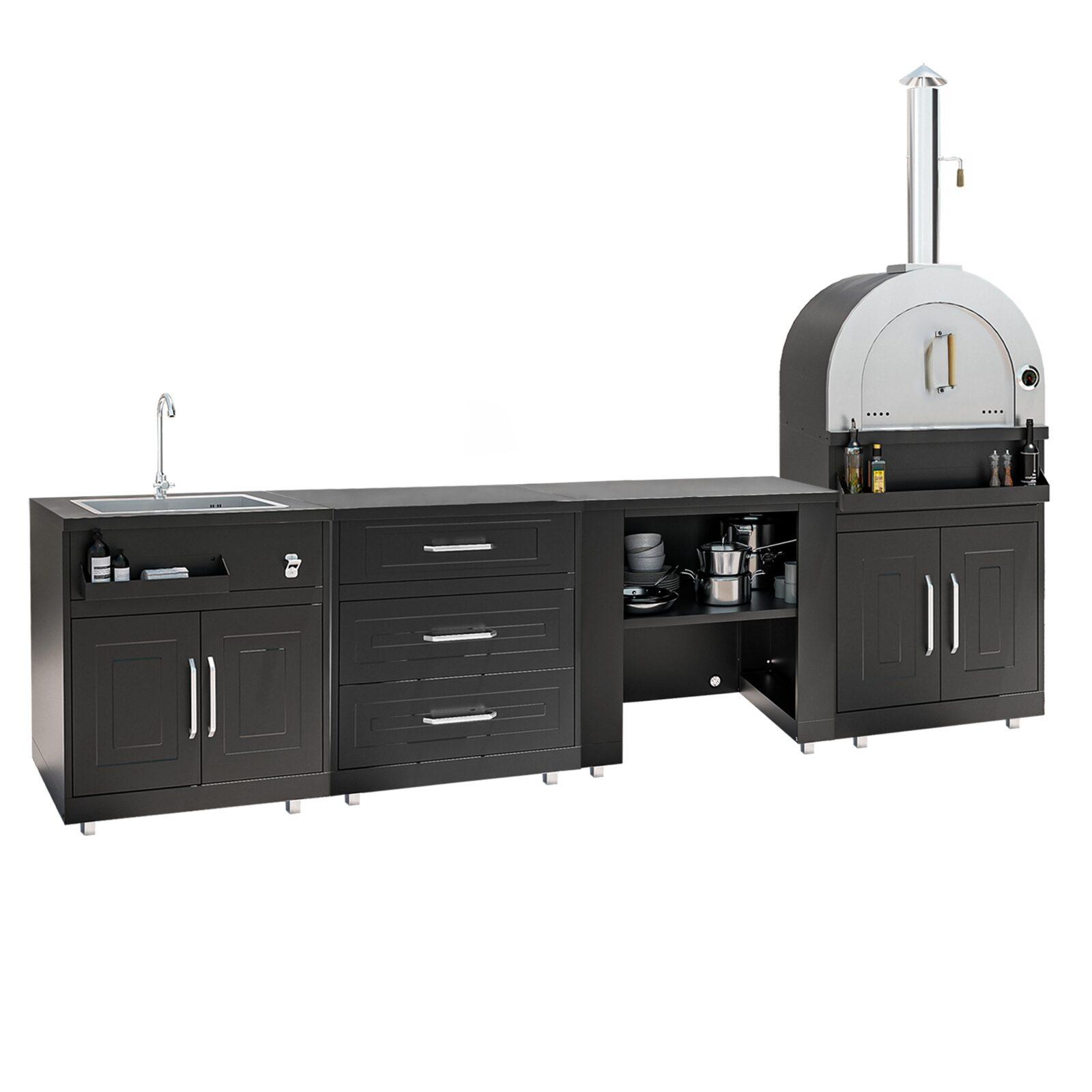 Cocina de exterior de acero de 4 elementos con horno para pizza