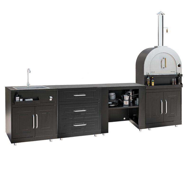 Cocina de exterior de acero de 4 elementos con horno para pizza