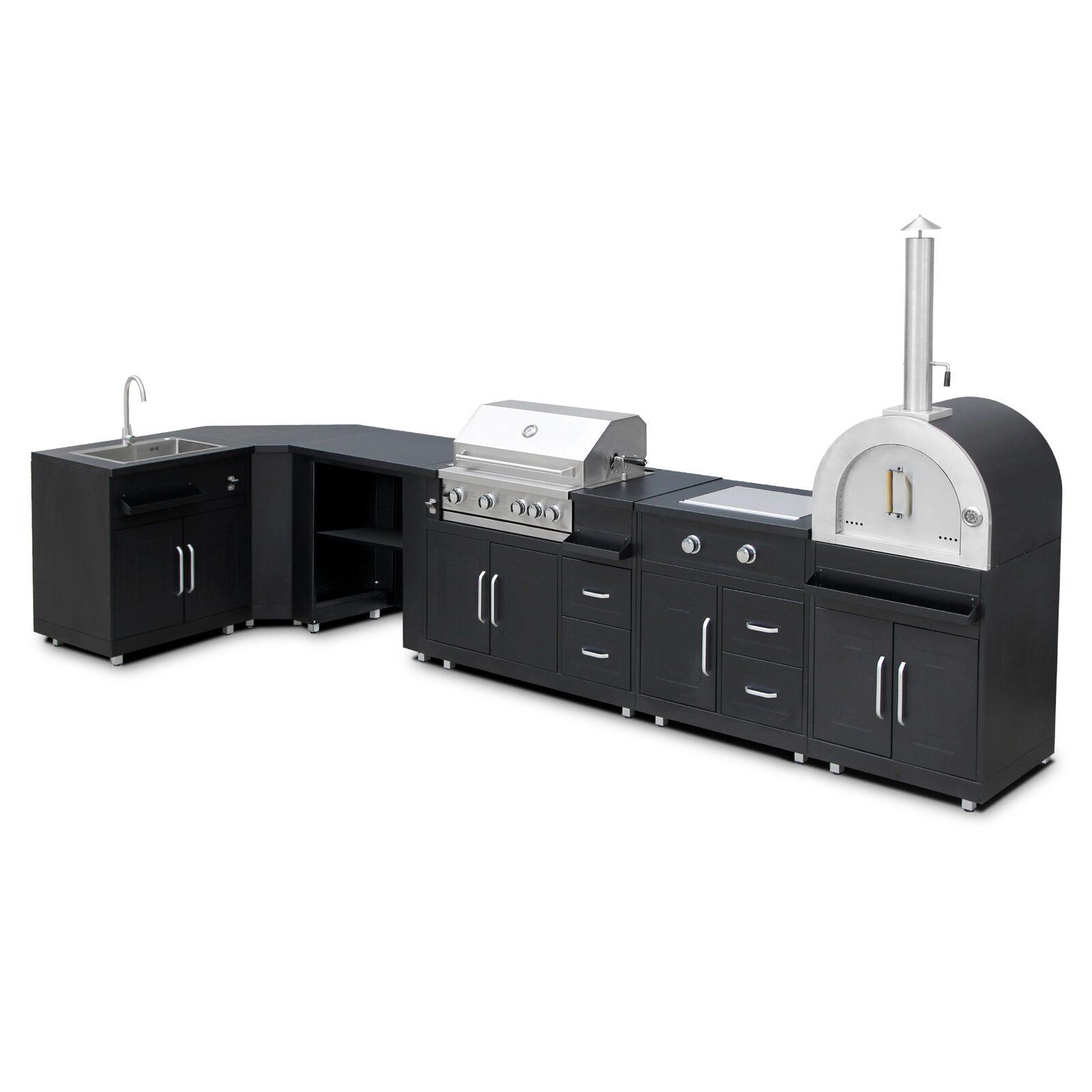 Cocina de exterior en acero en forma de esquina con 6 elementos, incluyendo 3 módulos de cocción y un fregadero