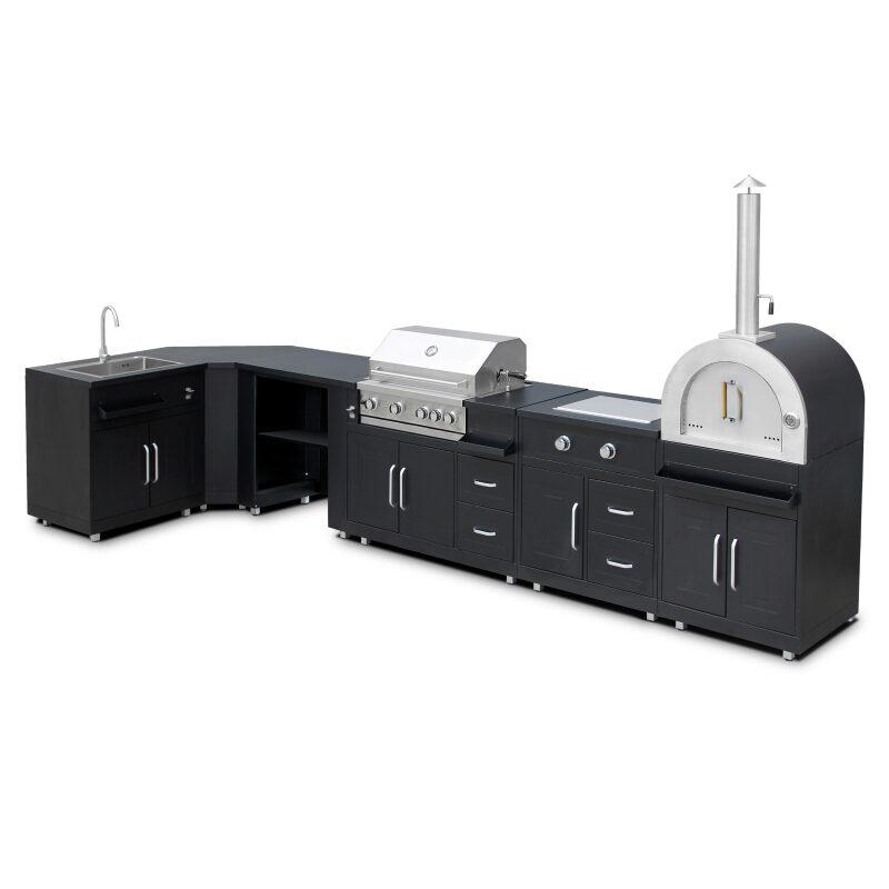 Cocina de exterior en acero en forma de esquina con 6 elementos, incluyendo 3 módulos de cocción y un fregadero