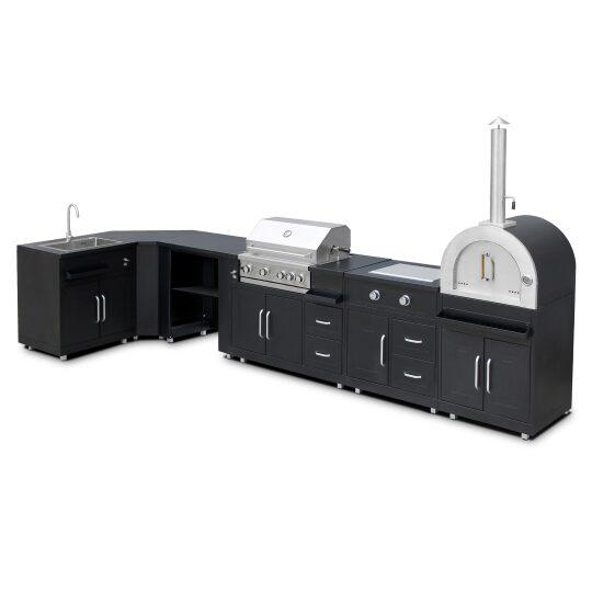 Cocina de exterior de metal de esquina con horno a pizza, cocina a gas, barbacoa y almacenaje - 6 módulos | Oviala