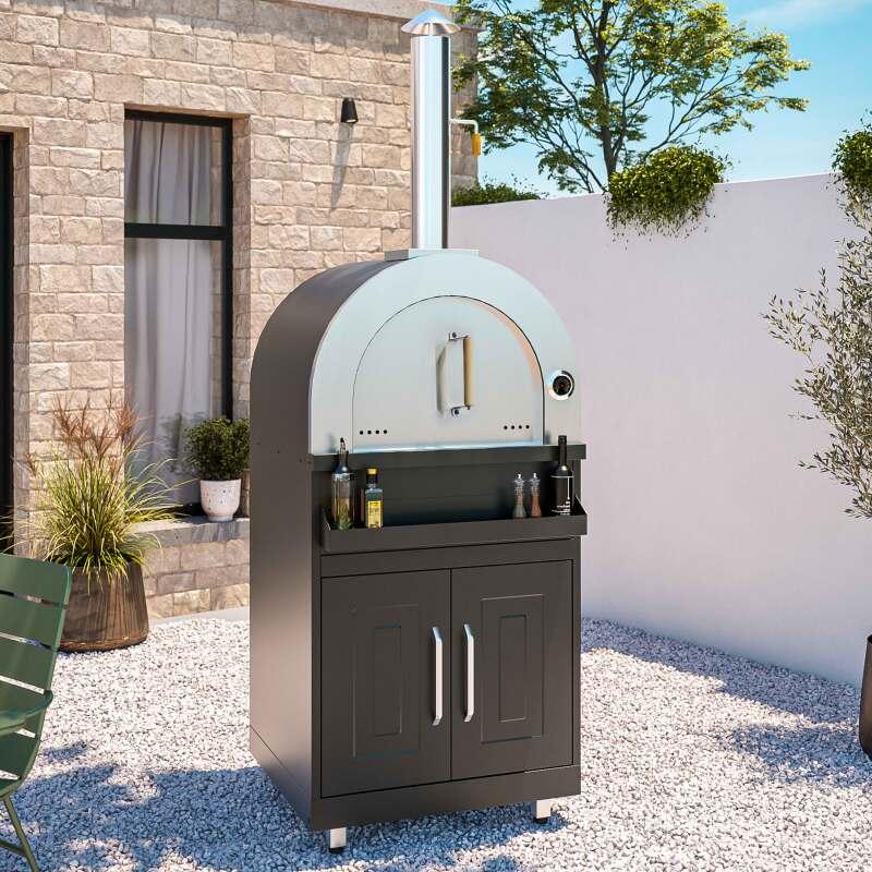 Cocina de exterior de acero en ángulo con 7 elementos, incluyendo 3 módulos de cocción y un fregadero