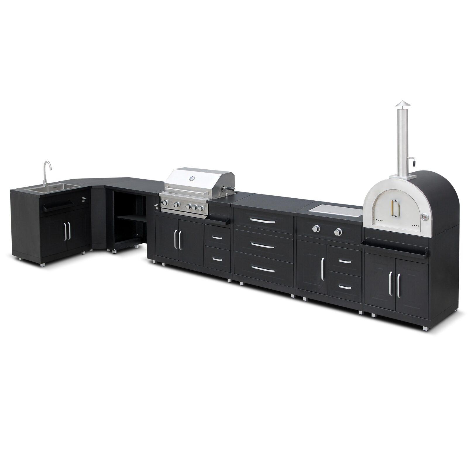 Cocina de exterior de acero en ángulo con 7 elementos, incluyendo 3 módulos de cocción y un fregadero