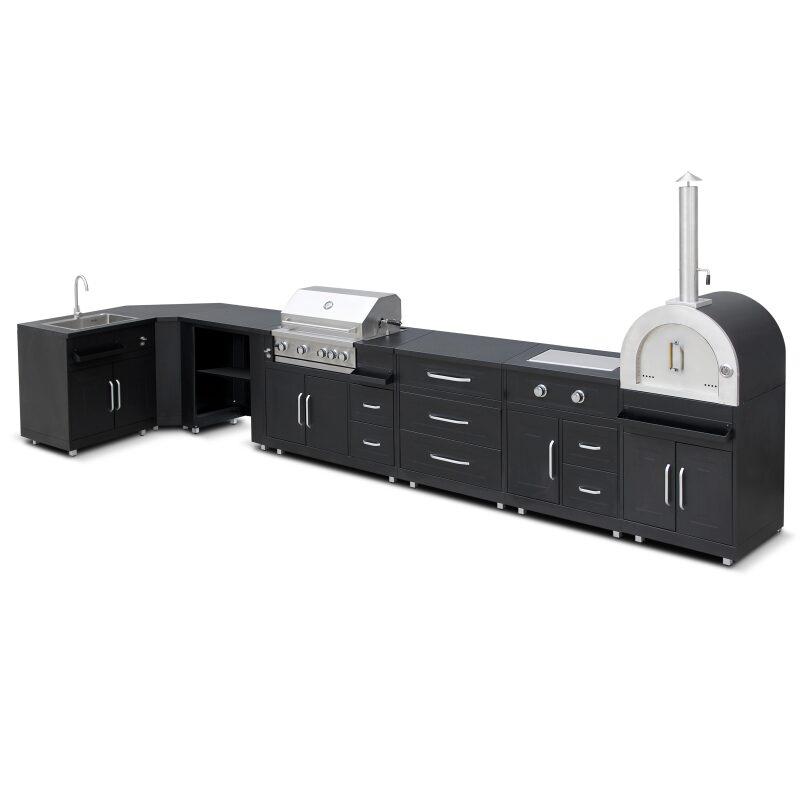 Cocina de exterior de acero en ángulo con 7 elementos, incluyendo 3 módulos de cocción y un fregadero