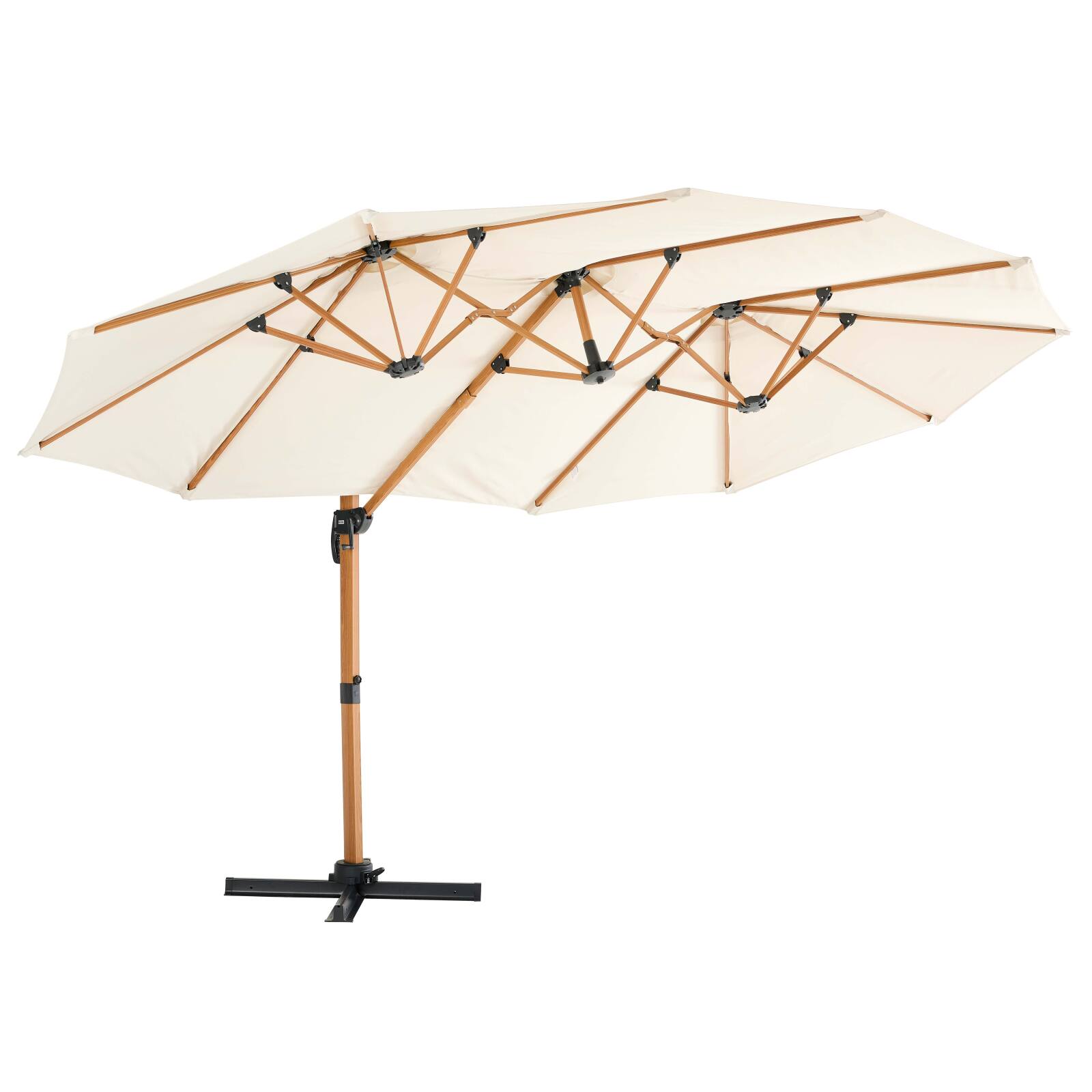 Parasol de 3 cabezales (4,5 x 2,65 m) con poste giratorio de 360° en imitación madera y funda protectora