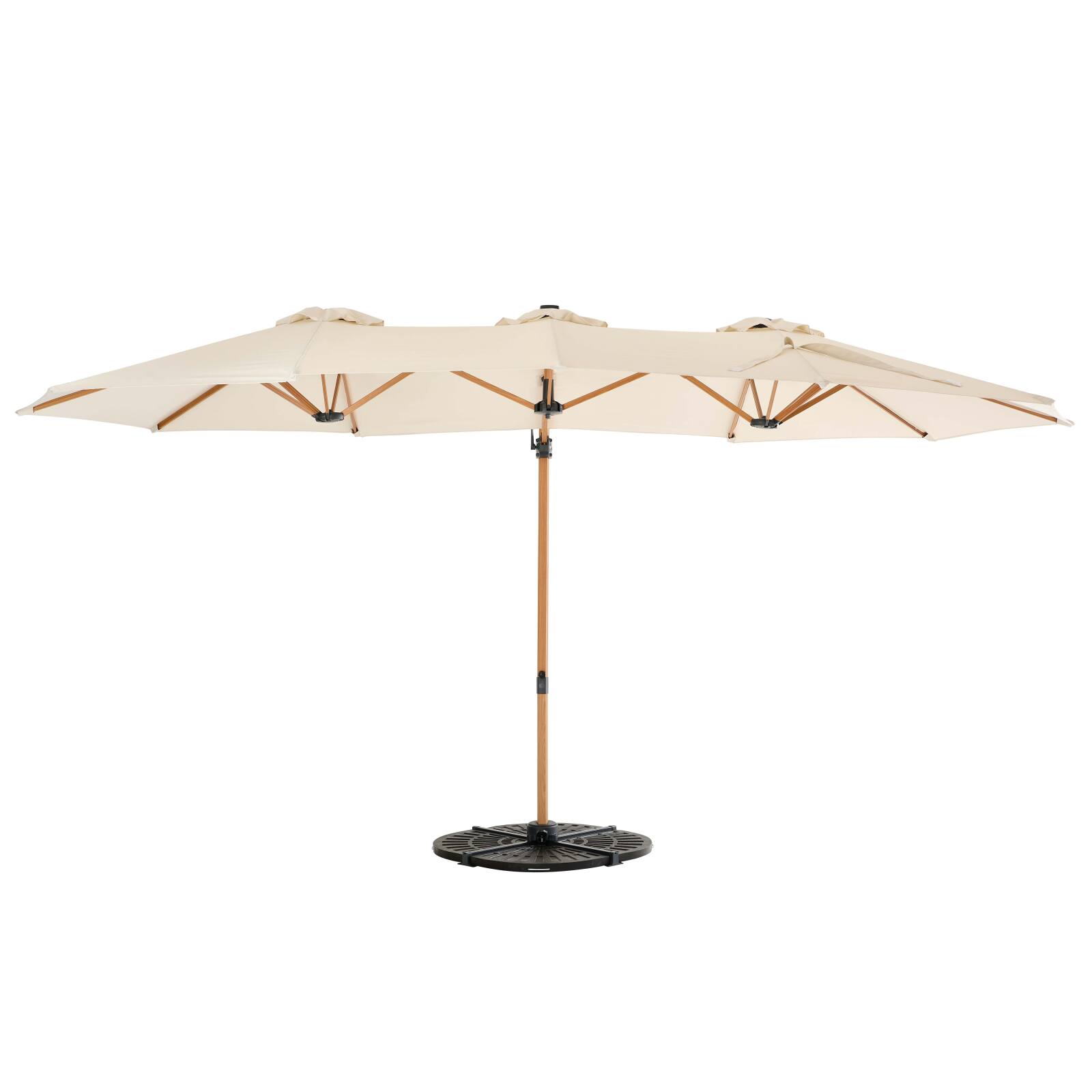 Parasol de 3 cabezales (4,5 x 2,65 m) con poste giratorio de 360° en imitación madera y funda protectora