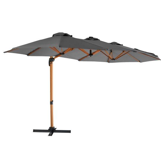 Parasol de 3 cabezales (4,5 x 2,65 m) con poste giratorio de 360° en imitación madera y funda protectora