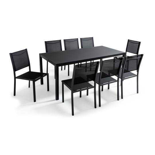Mesa de jardín rectangular 182x90 cm y 8 sillas en aluminio con tapa de cristal de seguridad