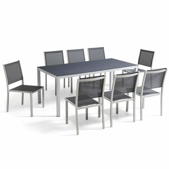 Mesa de jardín rectangular 182x90 cm y 8 sillas en aluminio con tapa de cristal de seguridad