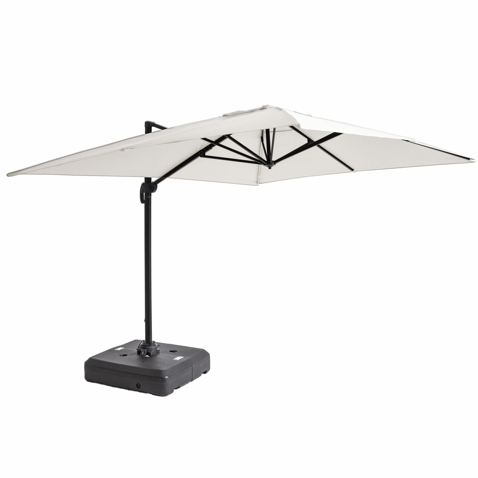 Parasol excéntrico y rotación de 360° de conjunto (4 x 3m) y base con ruedas de 100L para contrapesar Parasol excéntrico y rotación de 360° de conjunto (4 x 3m) y base con ruedas de 100L para contrapesar