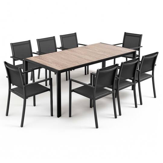 Mesa de jardín de aluminio efecto madera 206X100X74 cm y 8 sillas con reposabrazos