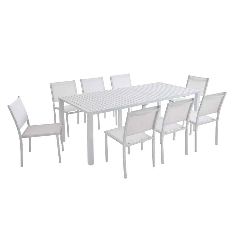 Mesa de jardín extensible de aluminio 52/260x100 cm y 8 sillas de textilene