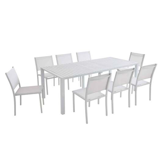 Mesa de jardín extensible de aluminio 52/260x100 cm y 8 sillas de textilene