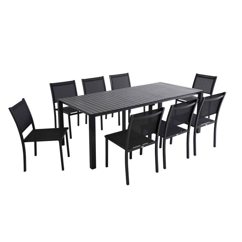 Mesa de jardín extensible de aluminio 52/260x100 cm y 8 sillas de textilene