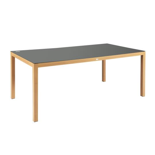 Mesa de jardín rectangular de aluminio efecto madera con tapa de cristal templado (180 x 90 x 74 cm)