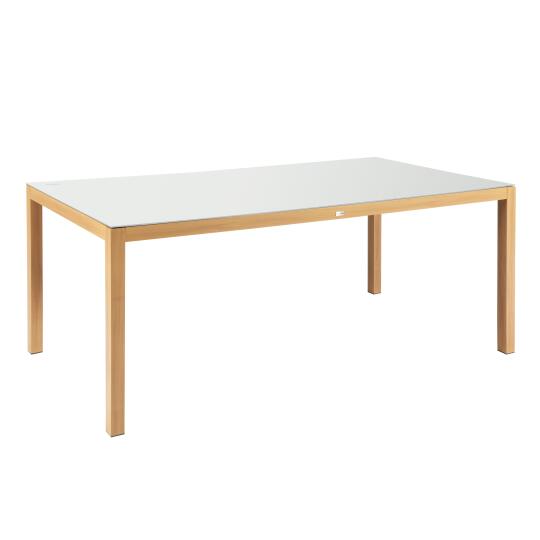 Mesa de jardín rectangular de aluminio efecto madera con tapa de cristal templado (180 x 90 x 74 cm)