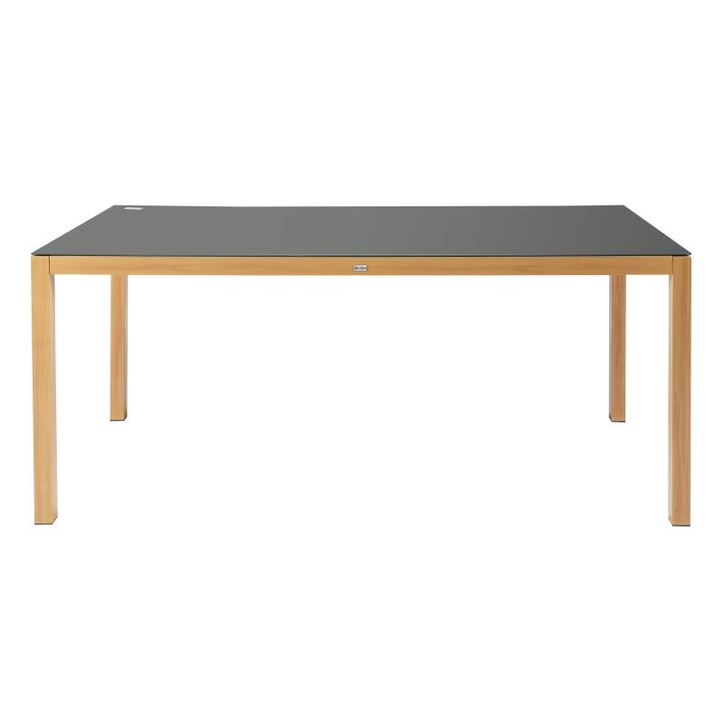 Mesa de jardín de 180x90 cm de aluminio efecto madera y vidrio templado y 8 sillas con reposabrazos de textilene