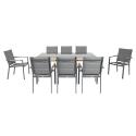 Mesa de jardín de 180x90 cm de aluminio efecto madera y vidrio templado y 8 sillas con reposabrazos de textilene
