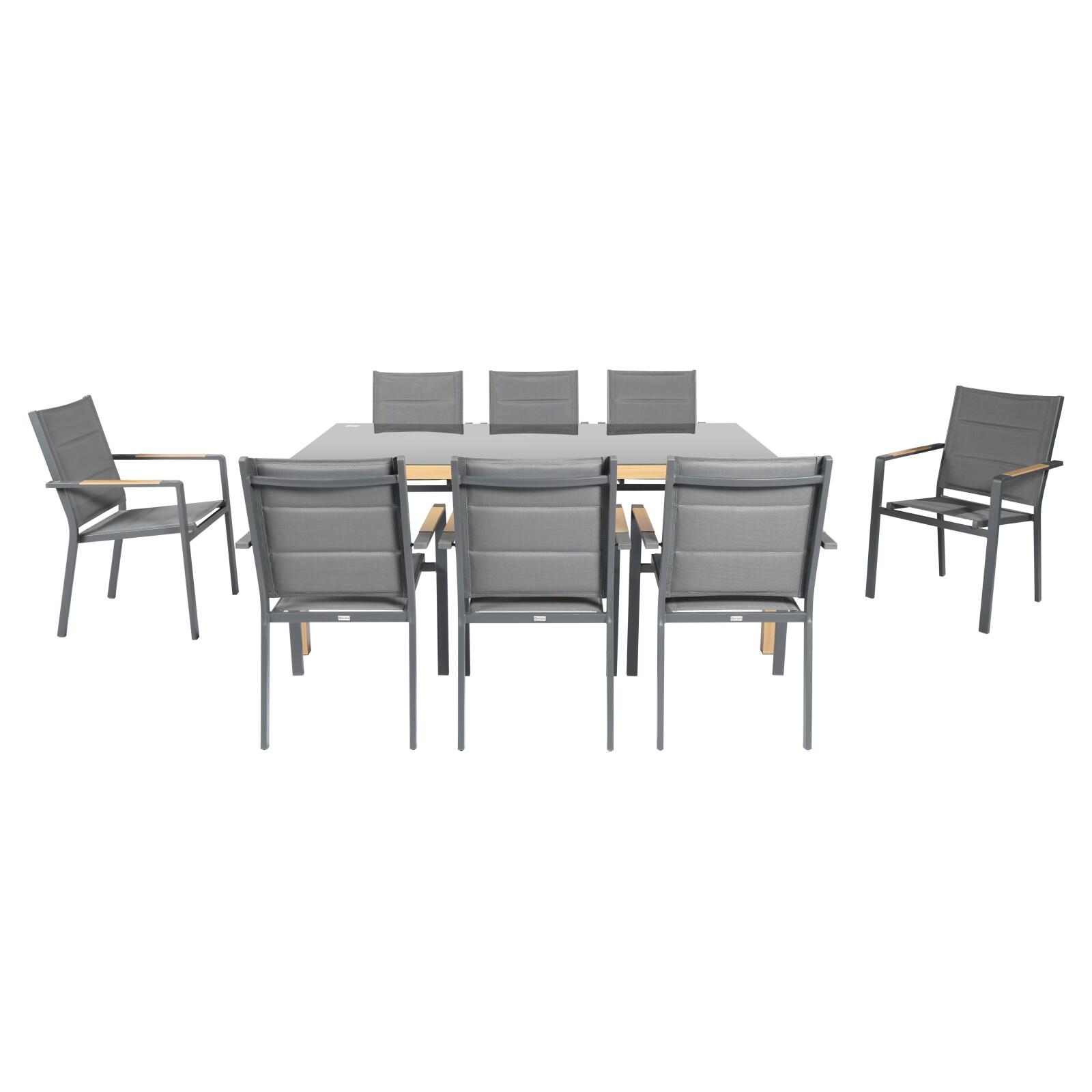 Mesa de jardín de 180x90 cm de aluminio efecto madera y vidrio templado y 8 sillas con reposabrazos de textilene Mesa de jardín de 180x90 cm de aluminio efecto madera y vidrio templado y 8 sillas con reposabrazos de textilene