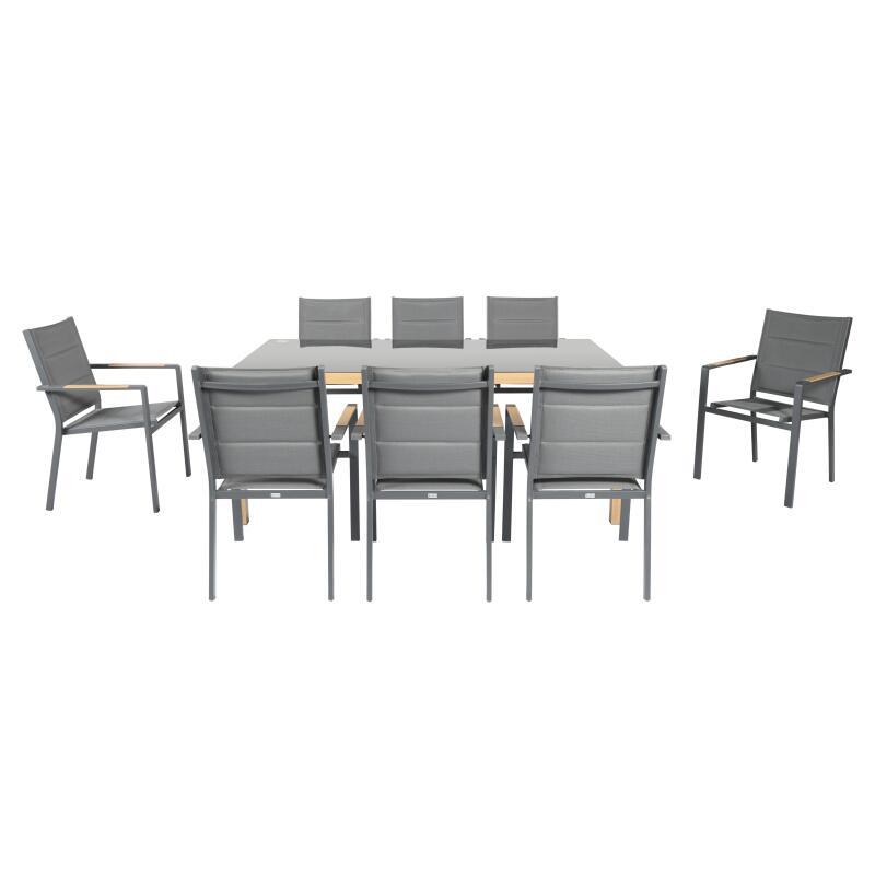Mesa de jardín de 180x90 cm de aluminio efecto madera y vidrio templado y 8 sillas con reposabrazos de textilene (2/7)