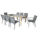 Mesa de jardín de 180x90 cm de aluminio efecto madera y vidrio templado y 8 sillas con reposabrazos de textilene