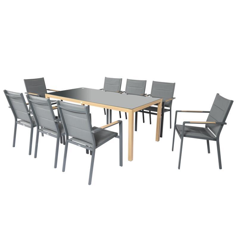 Mesa de jardín de 180x90 cm de aluminio efecto madera y vidrio templado y 8 sillas con reposabrazos de textilene