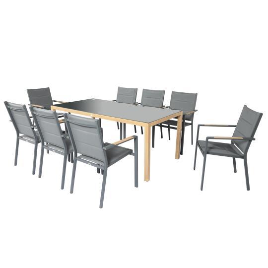 Mesa de jardín de 180x90 cm de aluminio efecto madera y vidrio templado y 8 sillas con reposabrazos de textilene