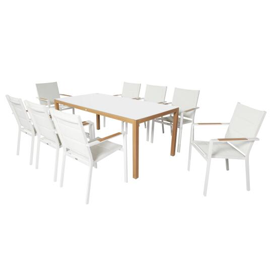 Mesa de jardín rectangular de aluminio efecto madera 180 x 90 x 74 cm y 8 sillas con reposabrazos | Oviala