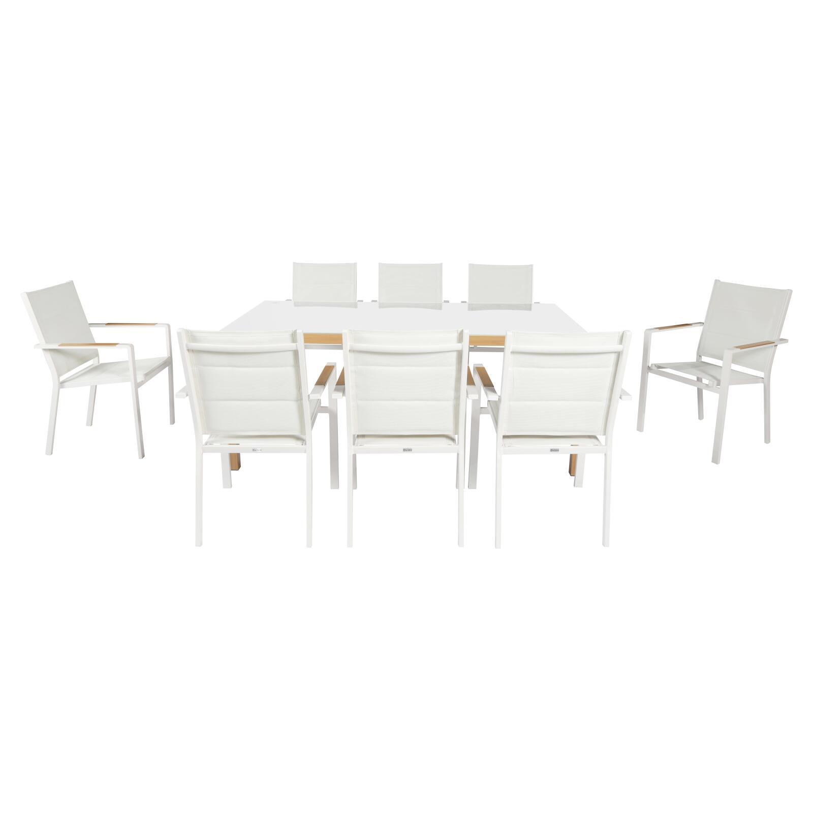 Mesa de jardín de 180x90 cm de aluminio efecto madera y vidrio templado y 8 sillas con reposabrazos de textilene