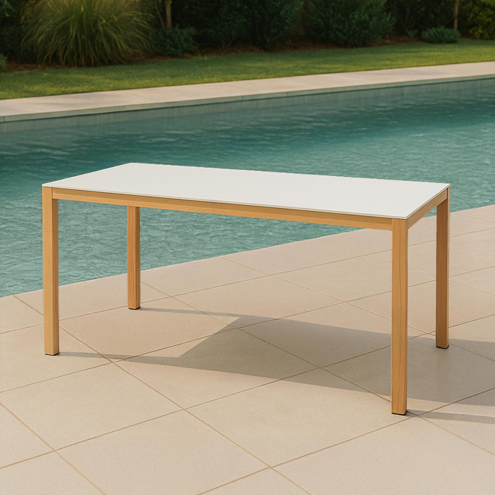 Mesa de jardín rectangular de aluminio efecto madera con tapa de cristal templado (180 x 90 x 74 cm)