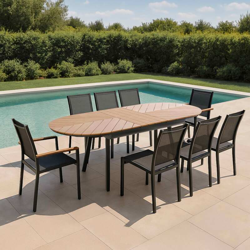 Mesa de jardín extensible rectangular en polimadera 180/220 cm con 6 sillas y 2 sillas con reposabrazos