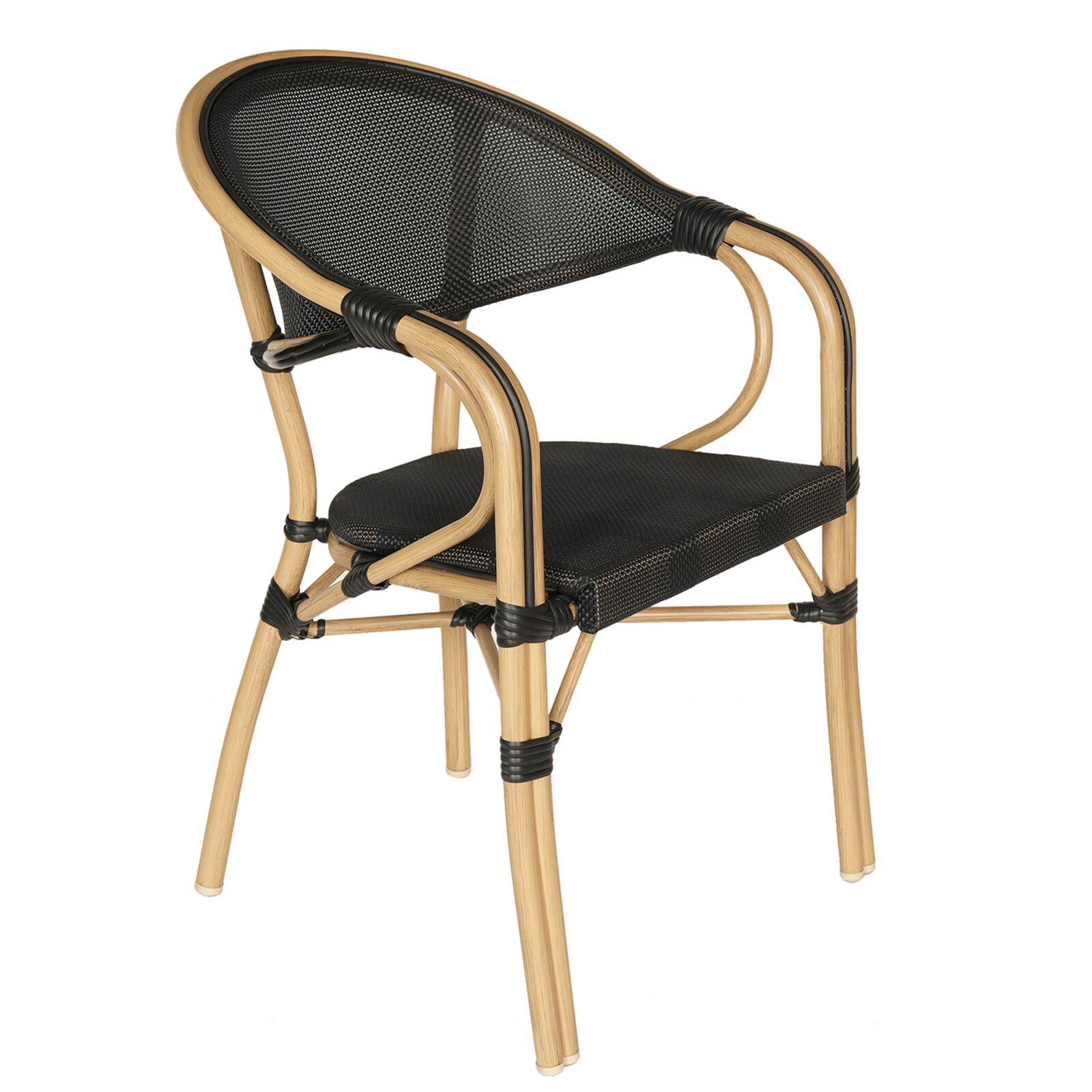 Silla de jardín estilo bistró parisino en aluminio y ratán sintético.