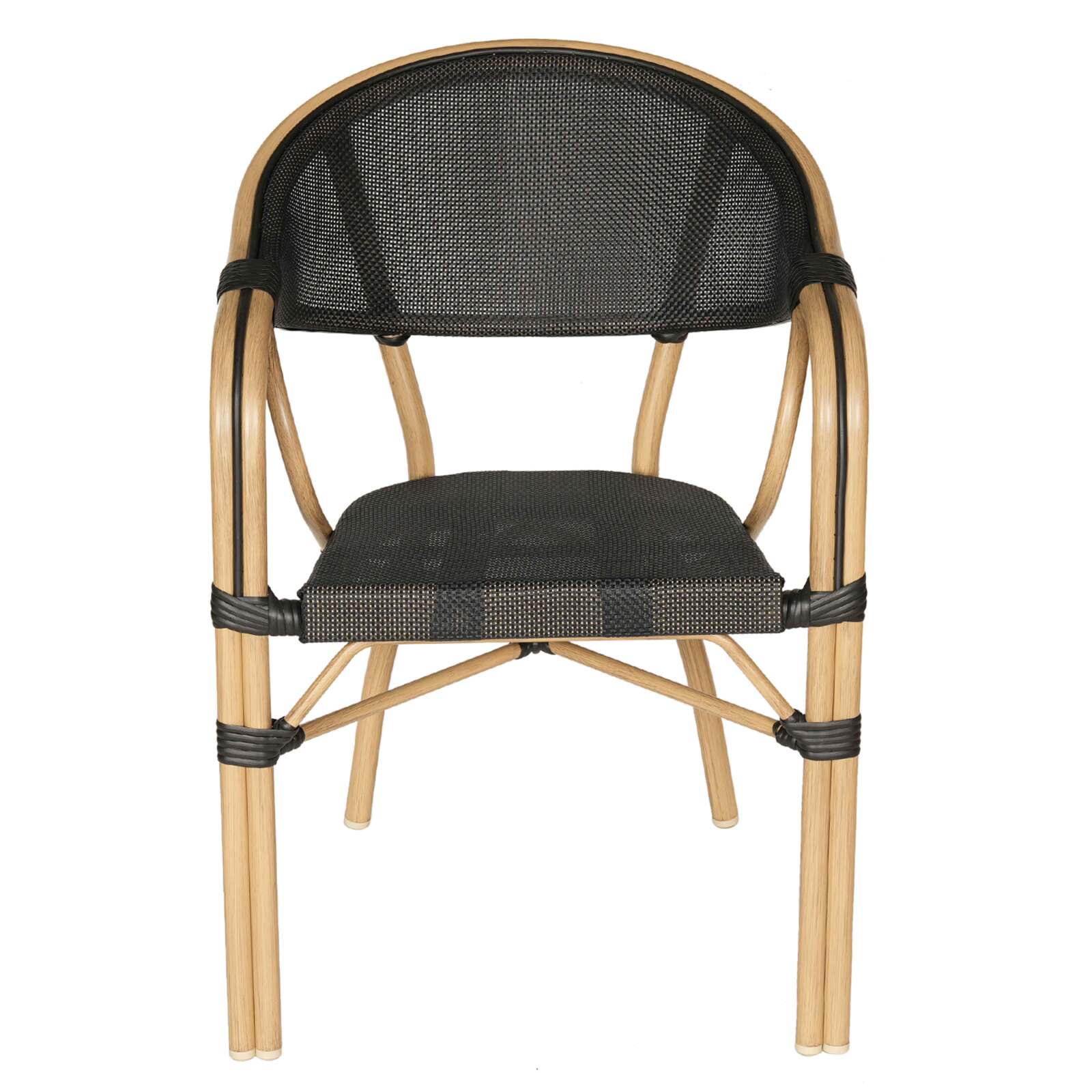 Silla de jardín estilo bistró parisino en aluminio y ratán sintético.