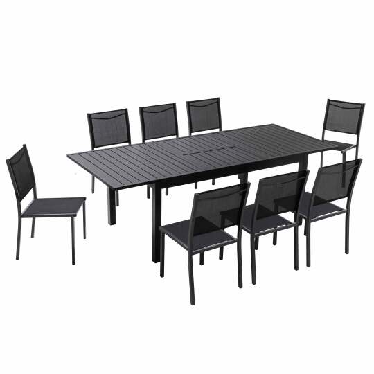 Mesa de jardín rectangular extensible de aluminio con 6 sillas y 2 sillas con reposabrazos