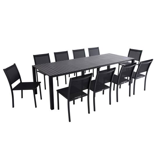 Mesa de jardín extensible de aluminio 52/260x100 cm y 10 sillas de textilene