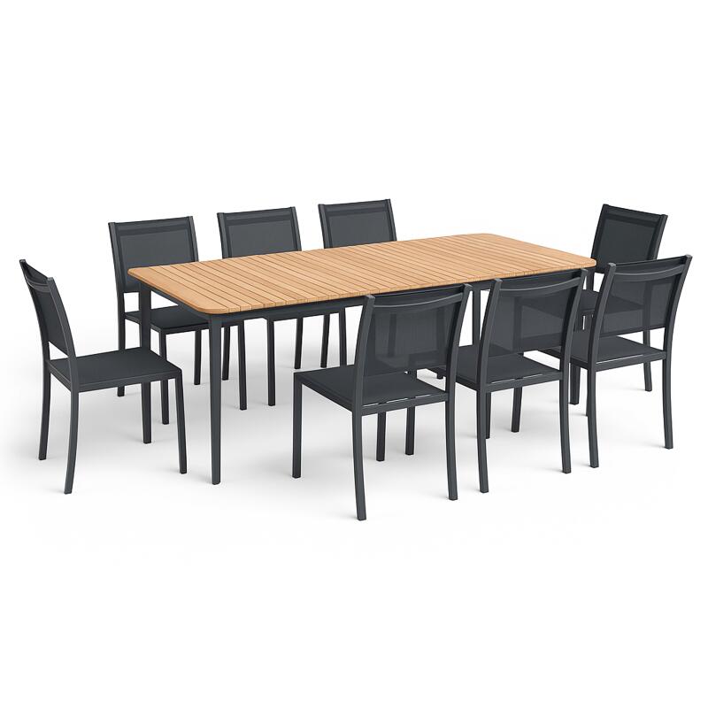 Mesa de jardín rectangular de aluminio/teca de 200 x 100 cm y 8 sillas