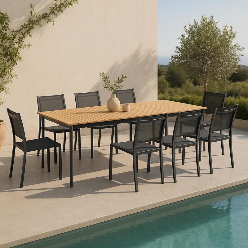 Mesa de jardín rectangular de aluminio/teca de 200 x 100 cm y 8 sillas