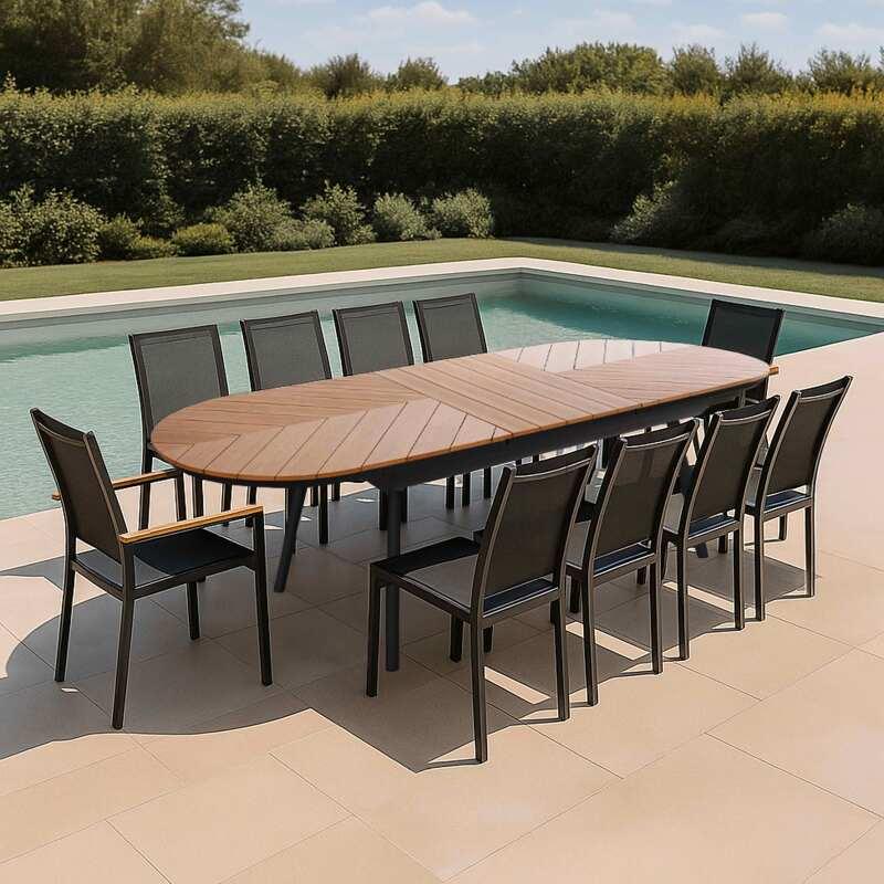 Mesa de jardín extensible de polywood y aluminio 220/280x100 cm y 10 sillas de textilene